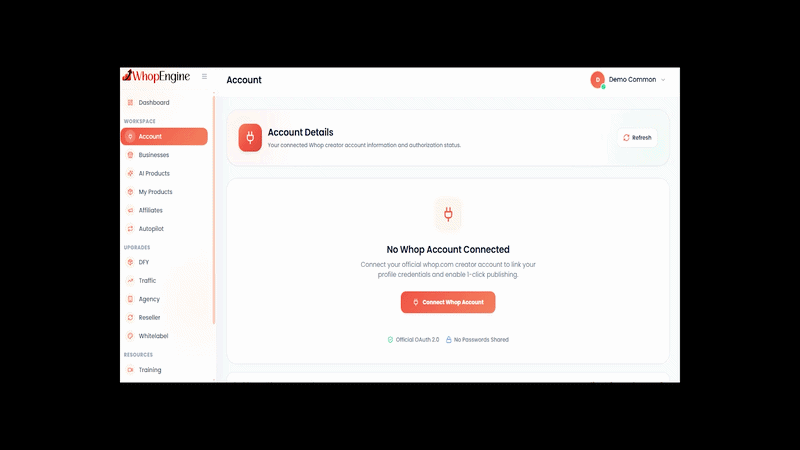 Connect Whop account and choose a niche
